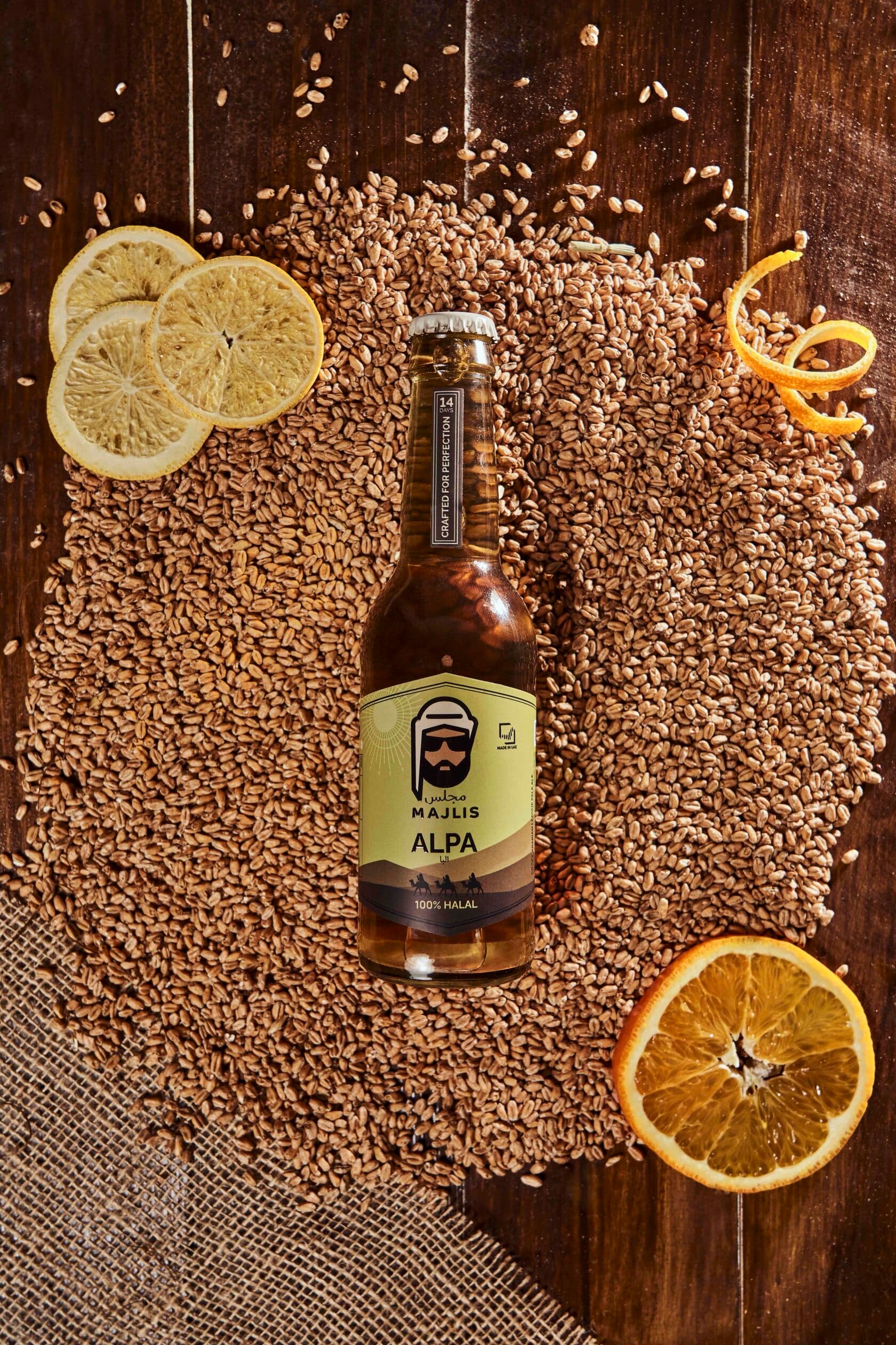 Majlis ALPA non-alcoholic pale ale bottle, aromatic hop-forward craft ale